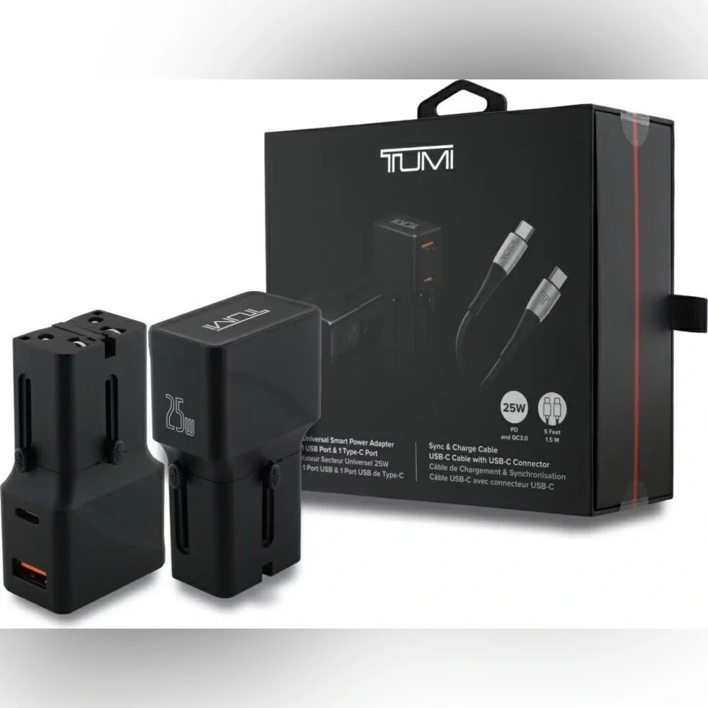 Tumi 25W Universal Smart Power Adapter with 1 USB Port & 1 Type C Cable NIB